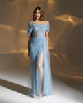 Blue Grey drappe tulle with  corset embriodey work on the bust . - 2