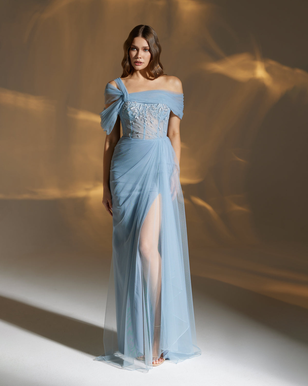 Blue Grey drappe tulle with  corset embriodey work on the bust . - 2