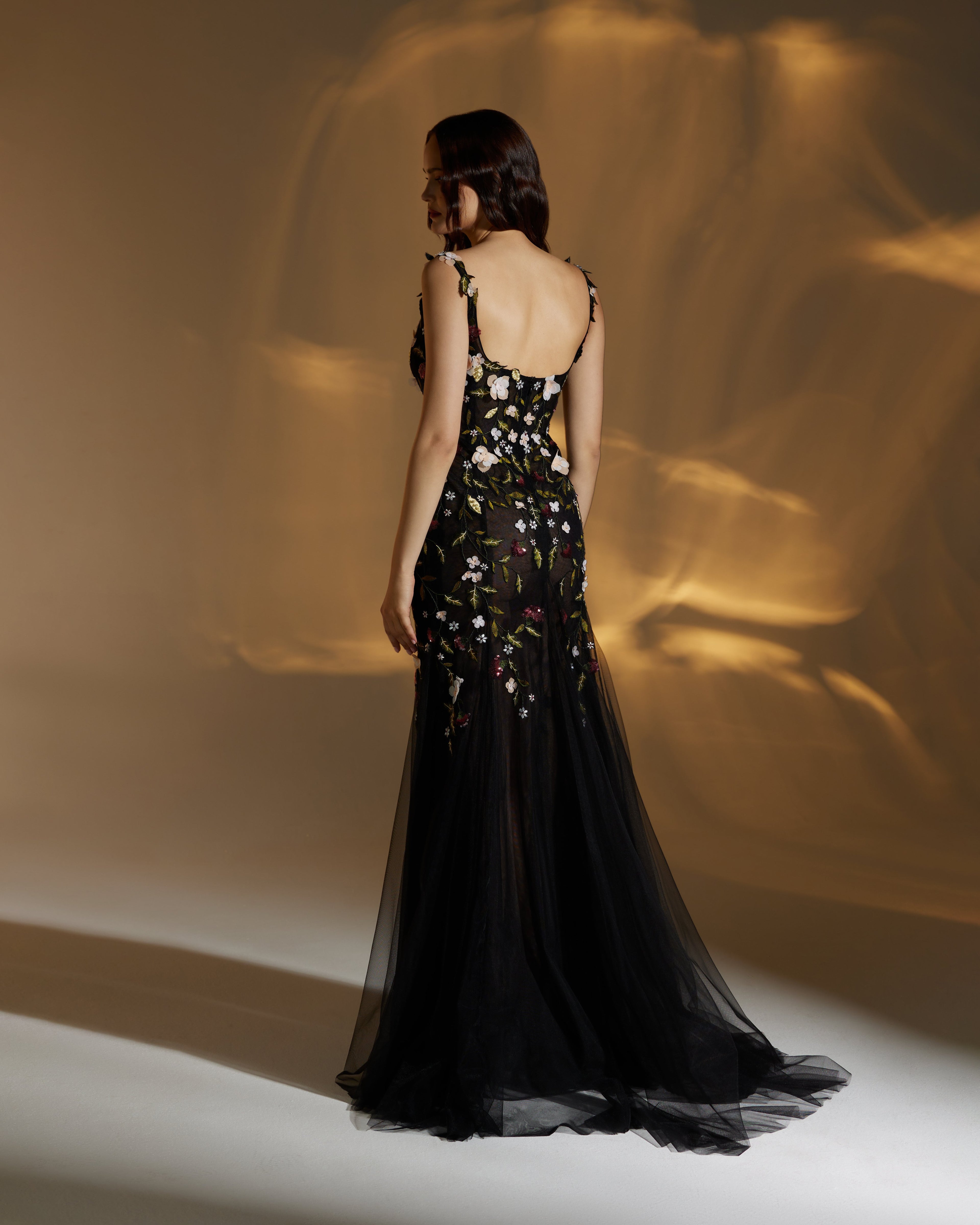 Black Tulle with corset hand work  chiffon florals - 3