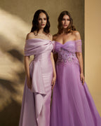Light pink Mikado fabric with wrapped drappe on the bust with pencil cut skirt - 3