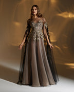 Black Tulle with golden embroidery applique work with t-length sleeve - 1