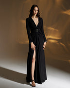Crepe Long black dress drapped with crystal  stones - 1
