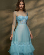 Blue tulle with laser cut florals delicate layering with illusion corset - 2