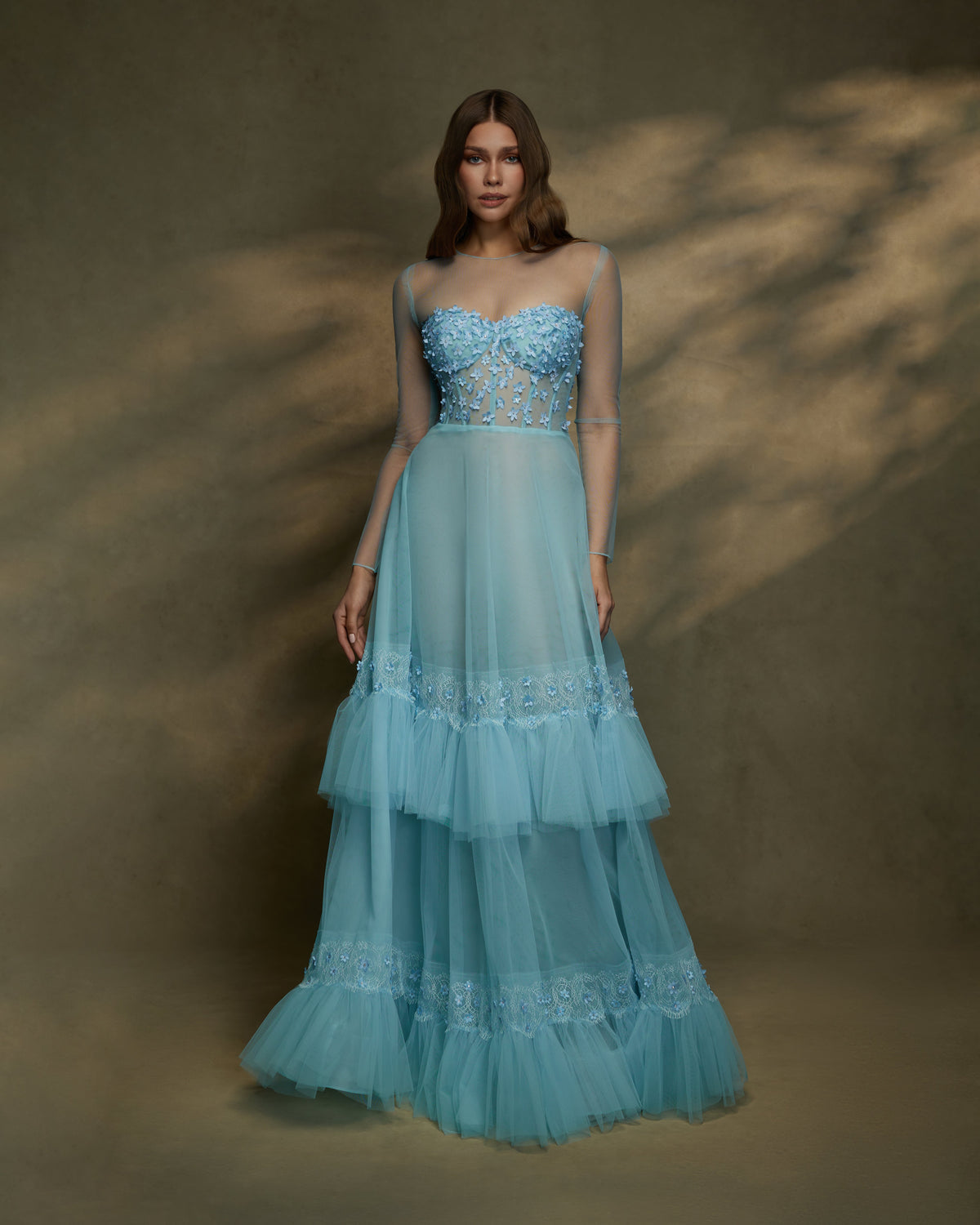 Blue tulle with laser cut florals delicate layering with illusion corset - 1