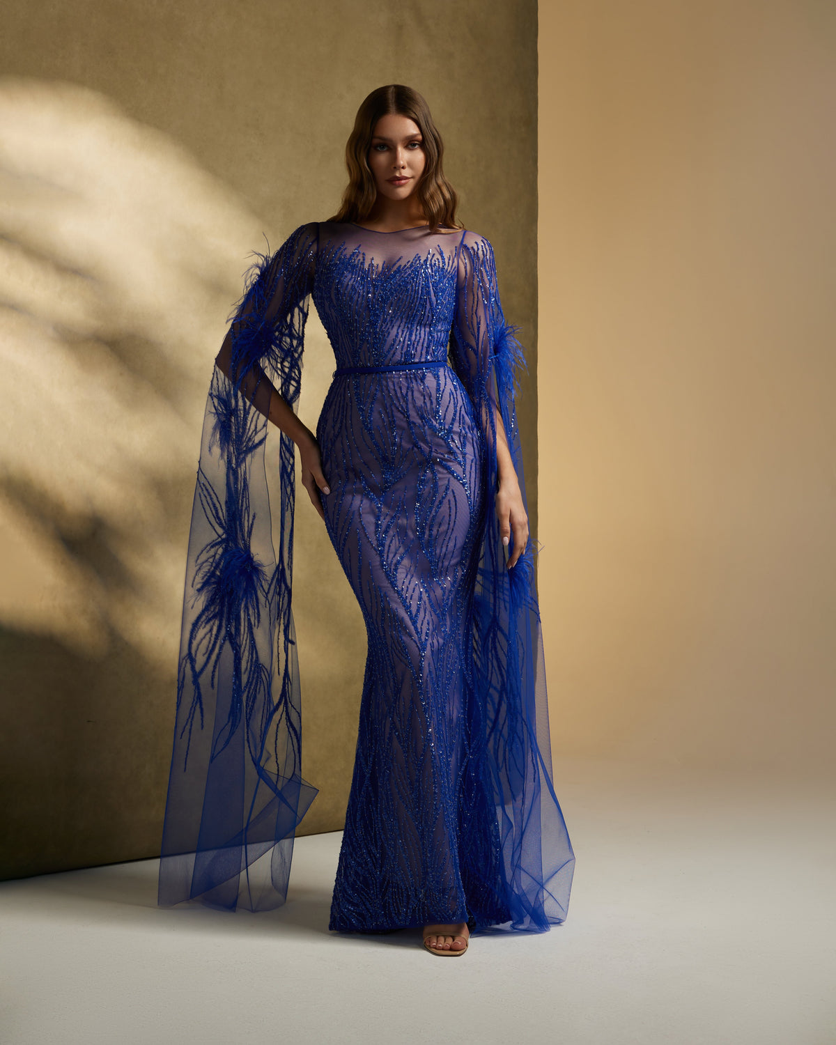 T-floor length Royal Blue embroiderd with beads and fetahers - 1