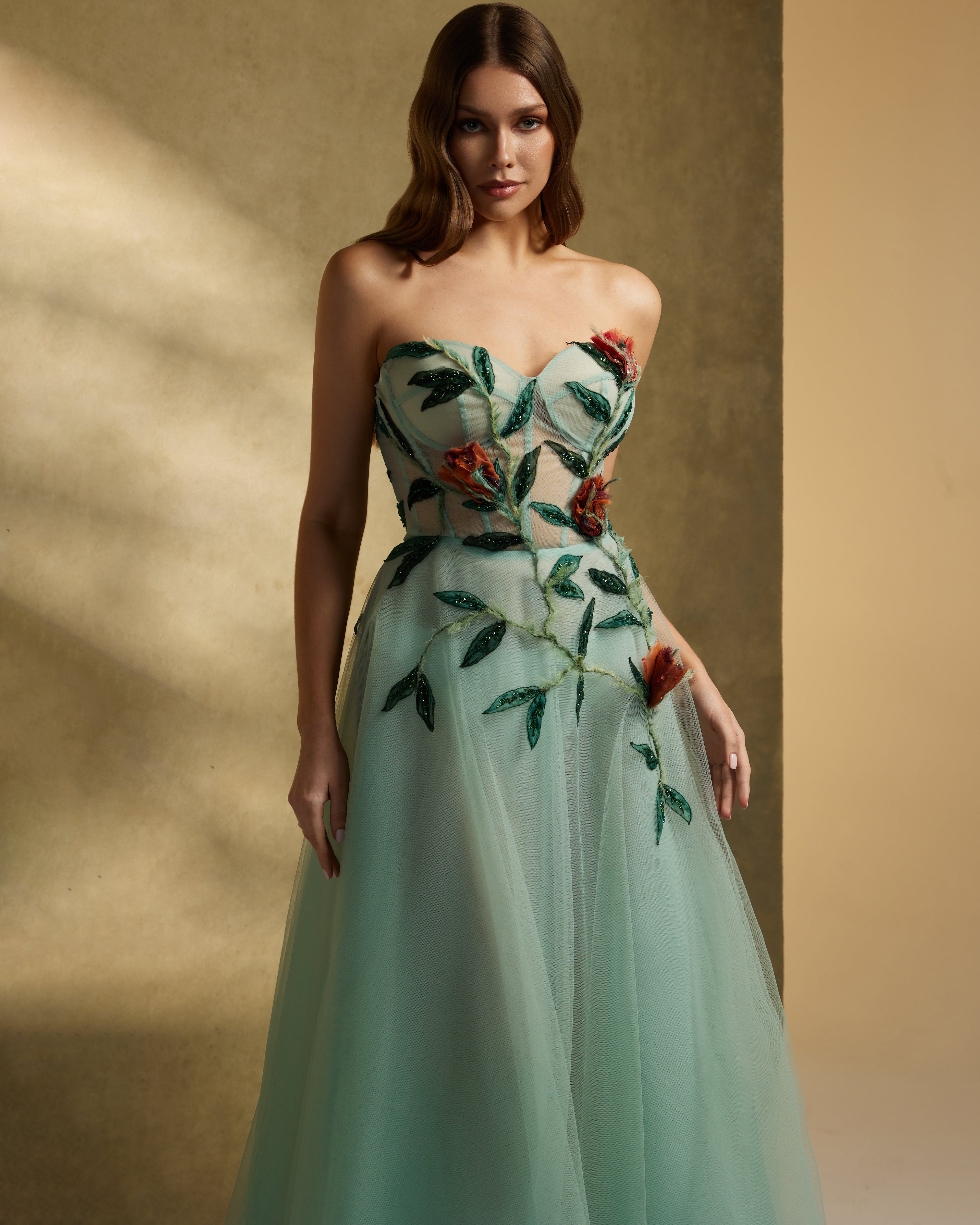 Tulle with rose floral and leaves - 2
