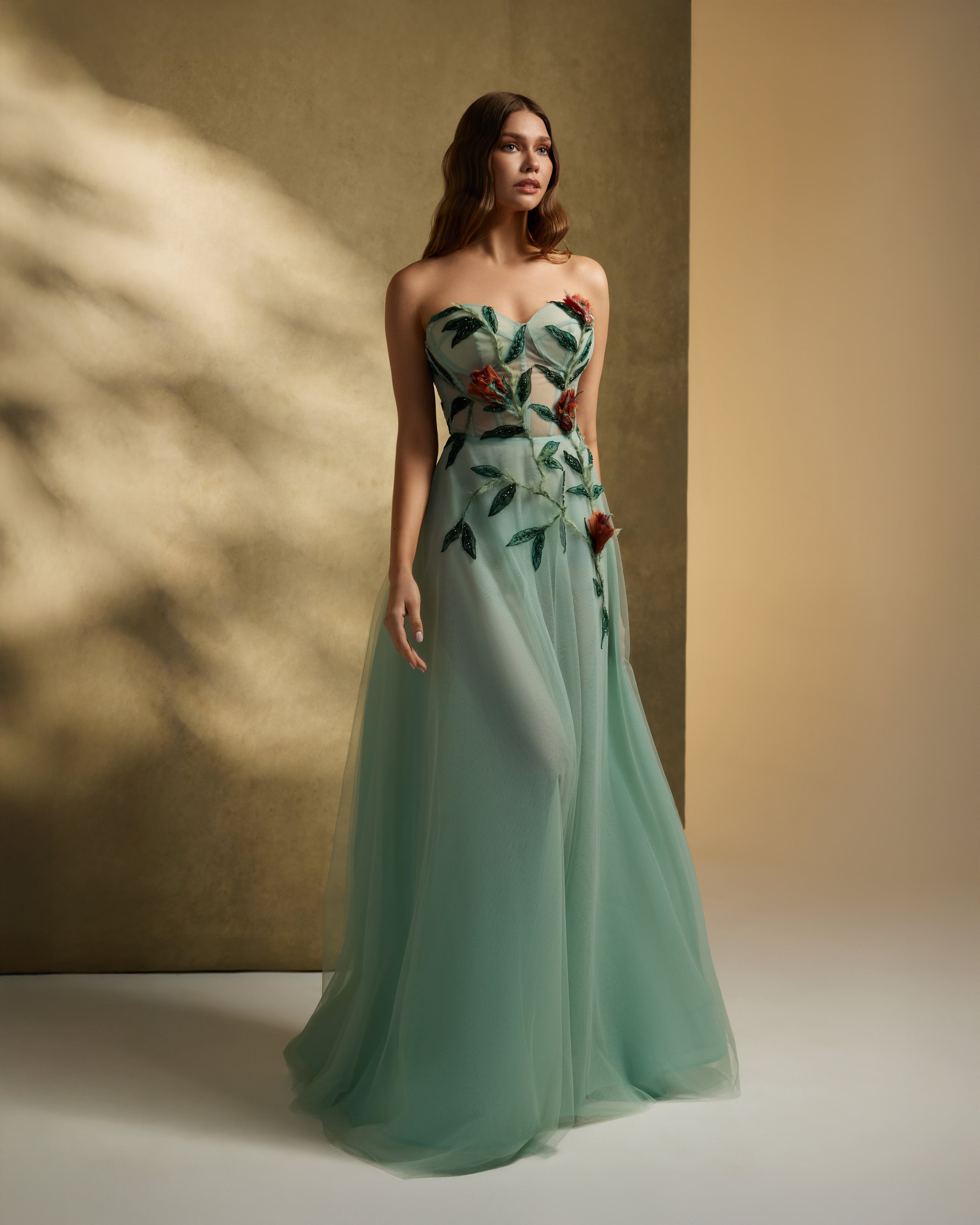Tulle with rose floral and leaves - 1